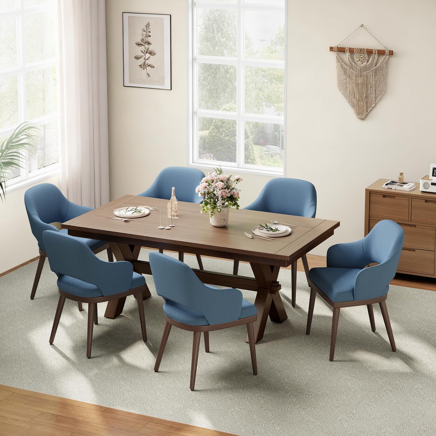 MALOL Wooden Dining Chairs Set of 6, Modern Fabric Upholstered Dining Room Chair, Kitchen Side Chairs, Farmhouse Dinner Chair with Open Back for Kitchen, Blue