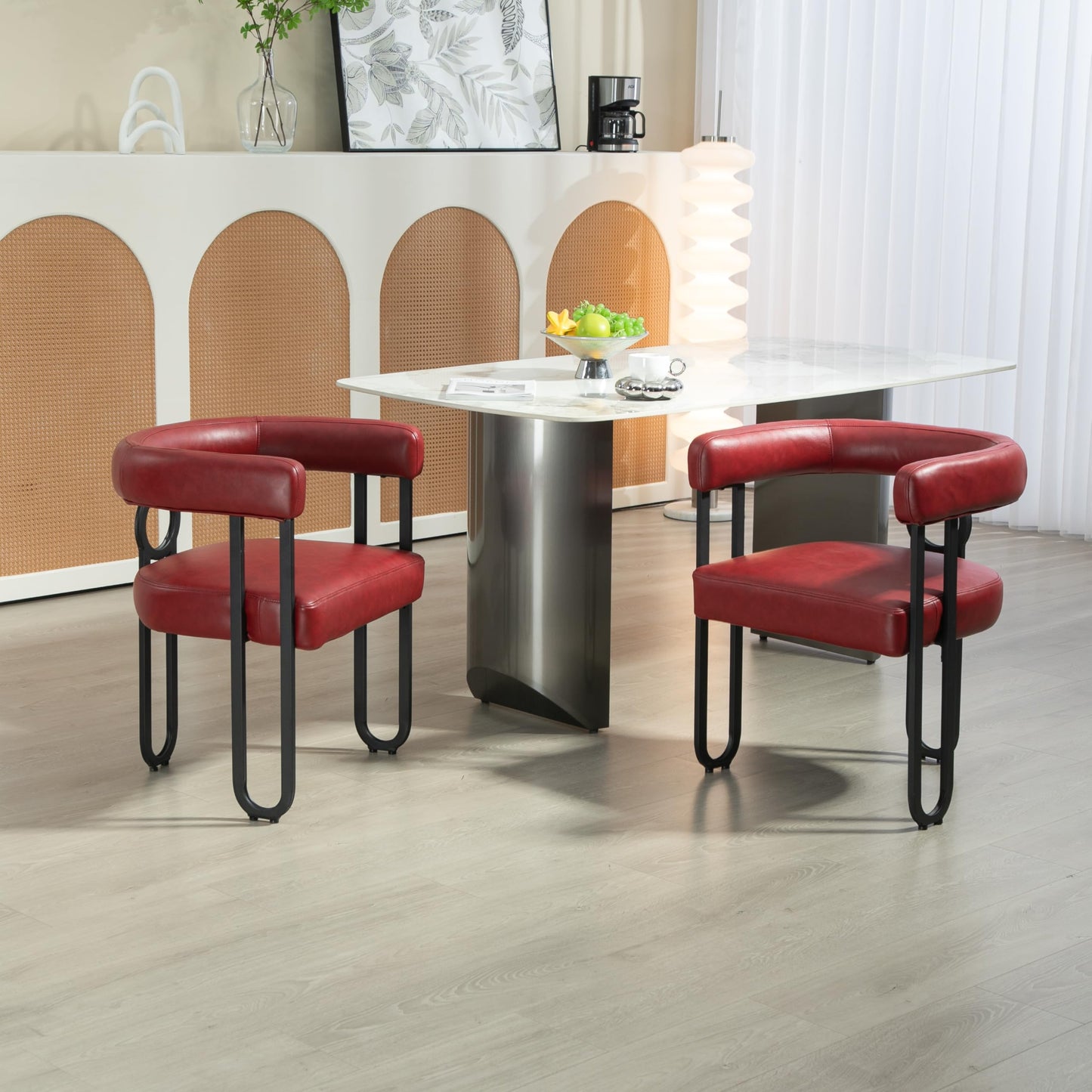House Hold Contemporary Designed PU Fabric Upholstered Accent,Dining Chair,Barrel Side Chairs Kitchen Armchair for Living Room Set of 2 (Wine red PU)