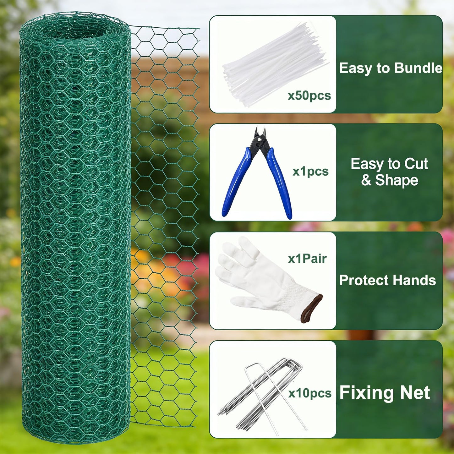 Chicken Wire Mesh Fencing16.4x0.98Ft with Zip Ties, Pliers, Stakes & Gloves - All-in-One Kit for Garden Fence, Floral Arrangements & Craft Projects