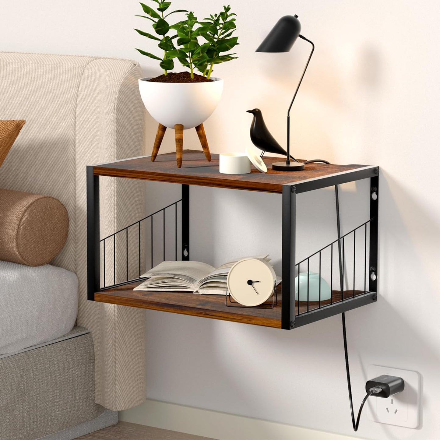 Alytree Floating Nightstand, Wood Floating Bedside Table with Cable Hole, Wall Mounted Nightstand for Bedroom, Living