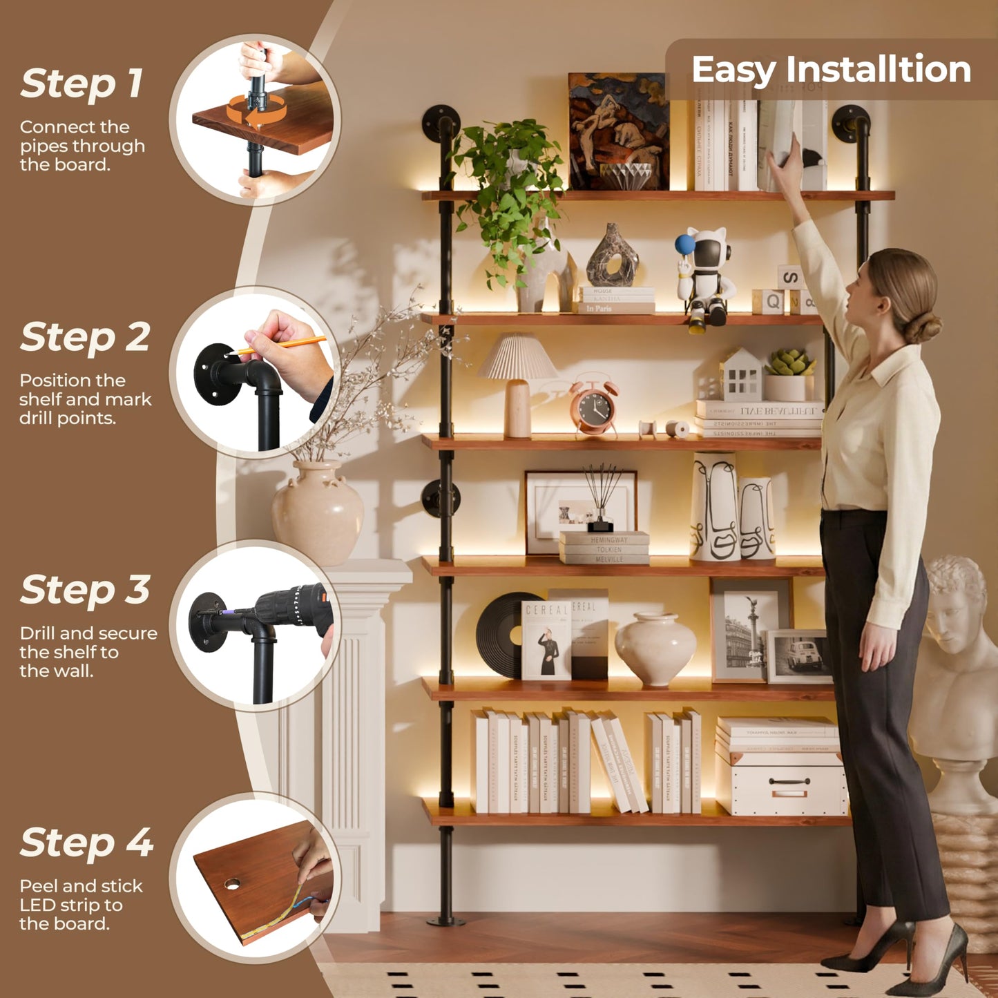 Anynice 6-Tier Ladder Shelf with Warm LED Light Strip, Solid Pine Wood Wall Mounted Bookshelf in Walnut Brown, 48-Inch Industrial Pipe Bookcase for Living Room, Bedroom, Home Office