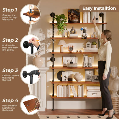 Anynice 6-Tier Ladder Shelf with Warm LED Light Strip, Solid Pine Wood Wall Mounted Bookshelf in Walnut Brown, 48-Inch Industrial Pipe Bookcase for Living Room, Bedroom, Home Office