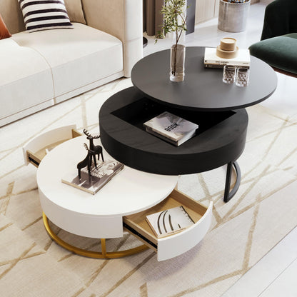 Lift-Top Nesting Coffee Table with Drawers Hidden Compartment Adjustable Storage Shelf, Modern Furniture for Living Room