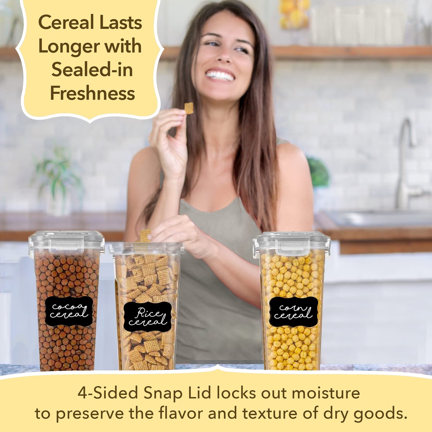 Simply Gourmet Airtight Cereal Containers with Lids – 3 Piece Tall Kitchen Pantry Organization Set, BPA-Free Clear Plastic, Pour Spout Lids for Breakfast Cereal, Rice, Flour, Sugar, Snacks