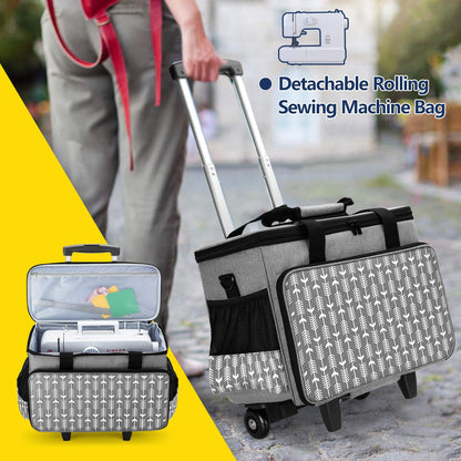 Yarwo Upgraded Rolling Sewing Machine Carrying Case, Detachable Trolley Tote Bag with Removable Bottom Board and Thickened Trailer Leg for Most Standard Sewing Machine and Accessories, Gray with Arrow