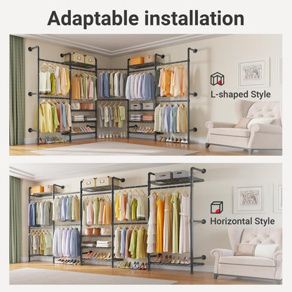 Timate L Shape Closet Rack Wall Mount for Corner, Heavy Duty Hanging Garment Rack Clothing Rack with 8 Adjustable Shelves & 4 Hanger Rods, Closet System for Hanging Clothes, Black