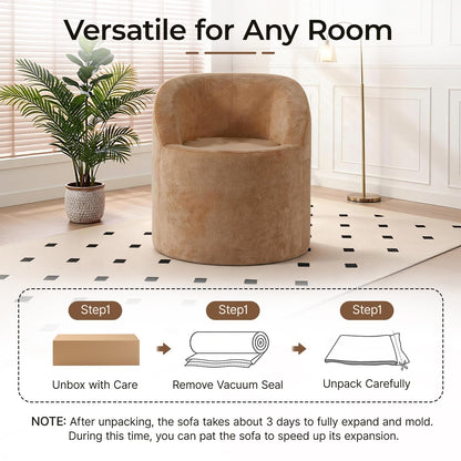 Barrel Accent Chair, Modern Chenille Reading Chair with Ergonomic Curved Back, Round Supportive Armchair for Living Room, Bedroom, Reading Corner & Office, No Assembly Required, Camel