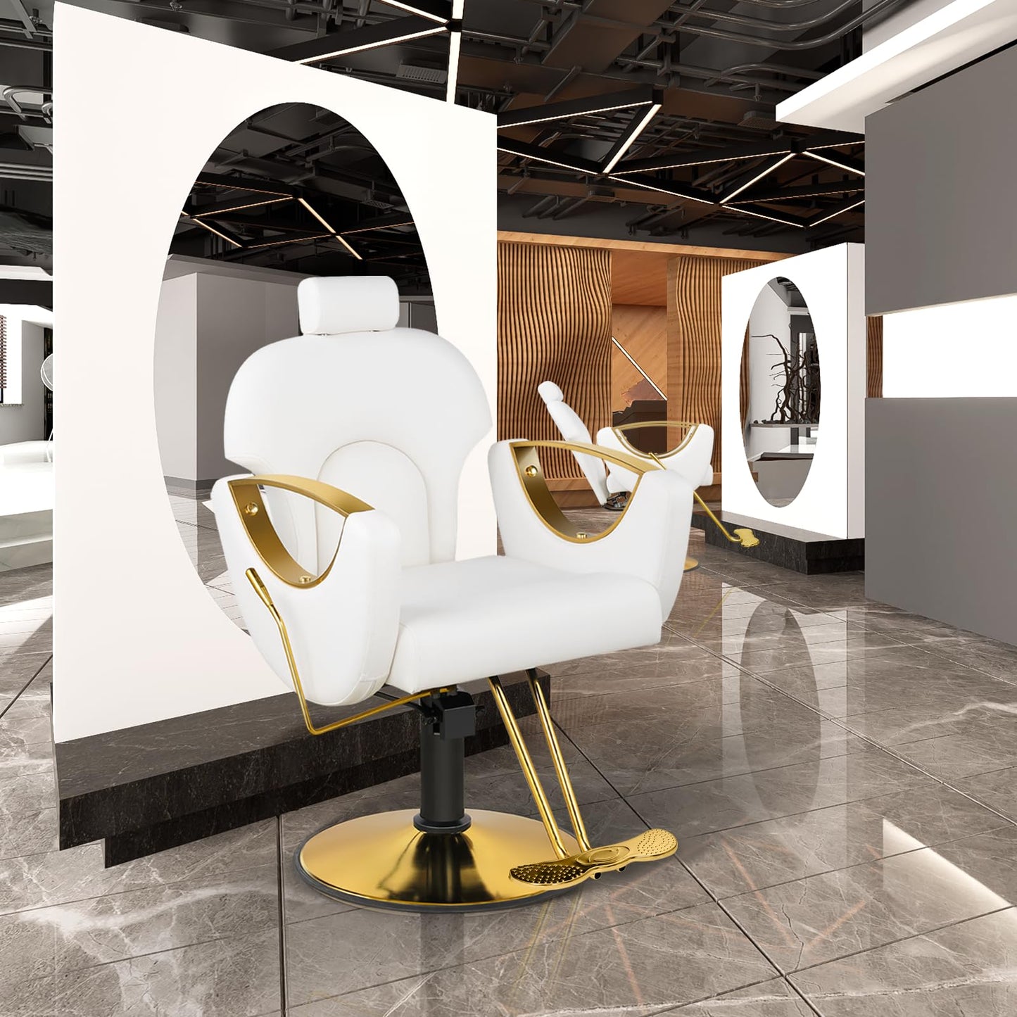 Tythical Salon Chair for Hair Stylist, Reclining Hair Salon Chair for Home, Barber Styling Chairs with Heavy Duty Hydraulic Pump, 360 ° Swivel, Multi-Function Beauty Spa Equipment Cream White Gold