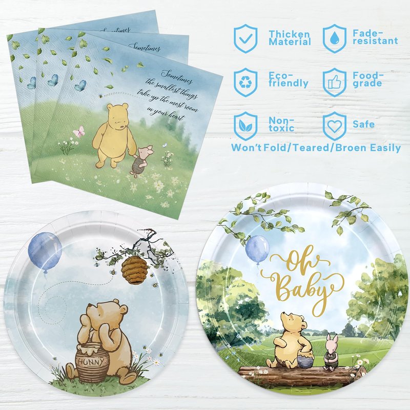 150pcs Bear Baby Shower Decorations Include Plates Napkins for Baby Shower Deco Paper Disposable Tableware Set for Kids Boys Serves 50 People