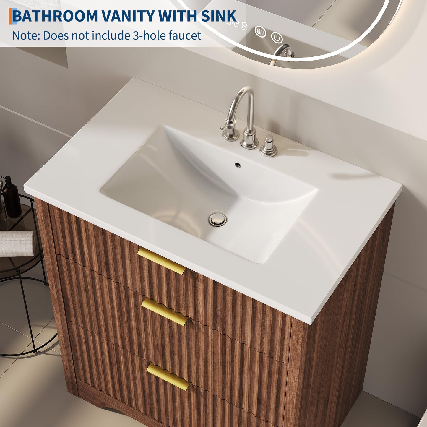 Garvee 30" Fluted Bathroom Vanity with Sink, Farmhouse Freestanding Bathroom Sink Cabinet with 2 Drawers & 1 Flip-Down Drawer, Easy Assembly & Cleaning, Walnut