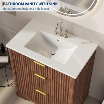 Garvee 30" Fluted Bathroom Vanity with Sink, Farmhouse Freestanding Bathroom Sink Cabinet with 2 Drawers & 1 Flip-Down Drawer, Easy Assembly & Cleaning, Walnut