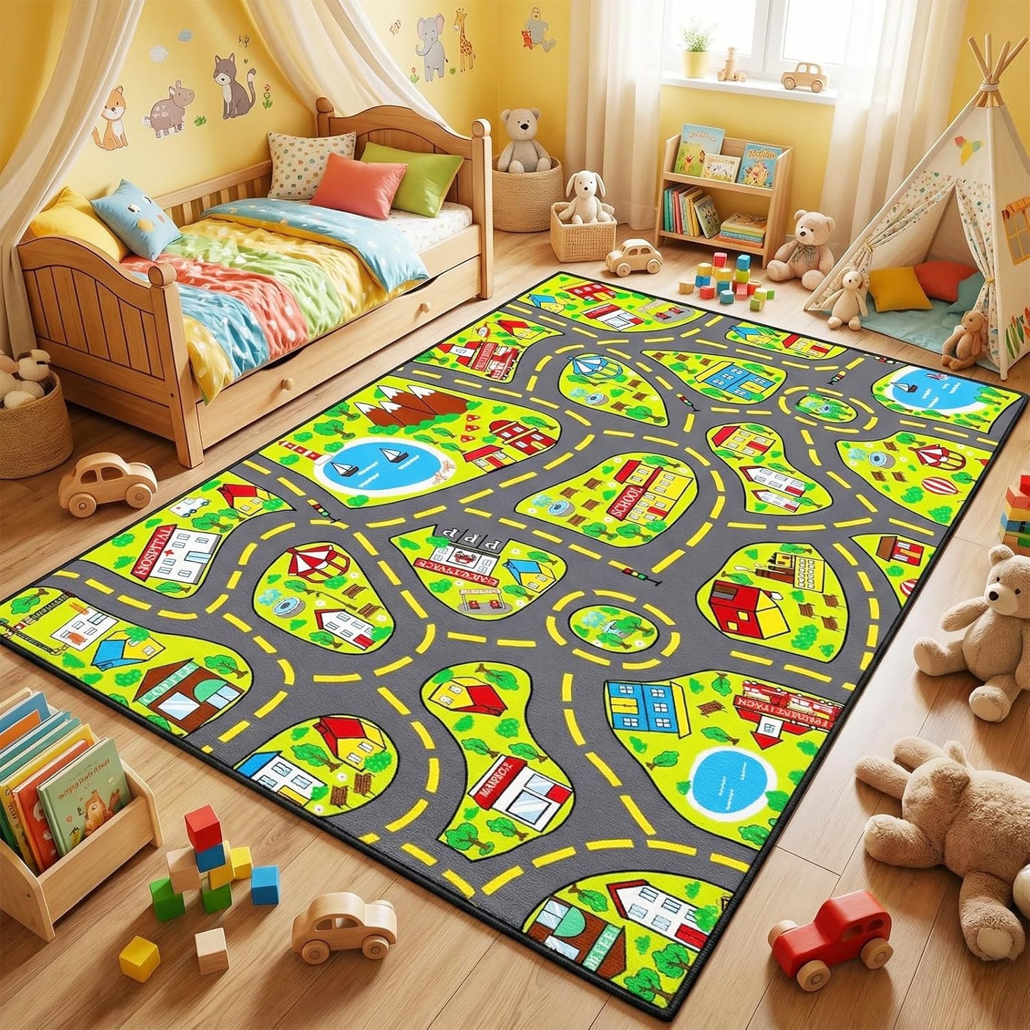 5x7 Car Rug Play Mat Feet, Car Road Rug for Kids City Road Map Carpet Educational Learning Play Carpet Kids Play Rugs