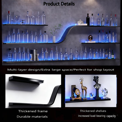 59IN Modern Wall Mounted Wine Rack with Blue LED Light, 3-tiers Metal Curved Bar liquor Bottles Display Shelf, Large Floating Bar Shelves Storage for Home bars, kitchens Coffee Shop (Black, 59in)