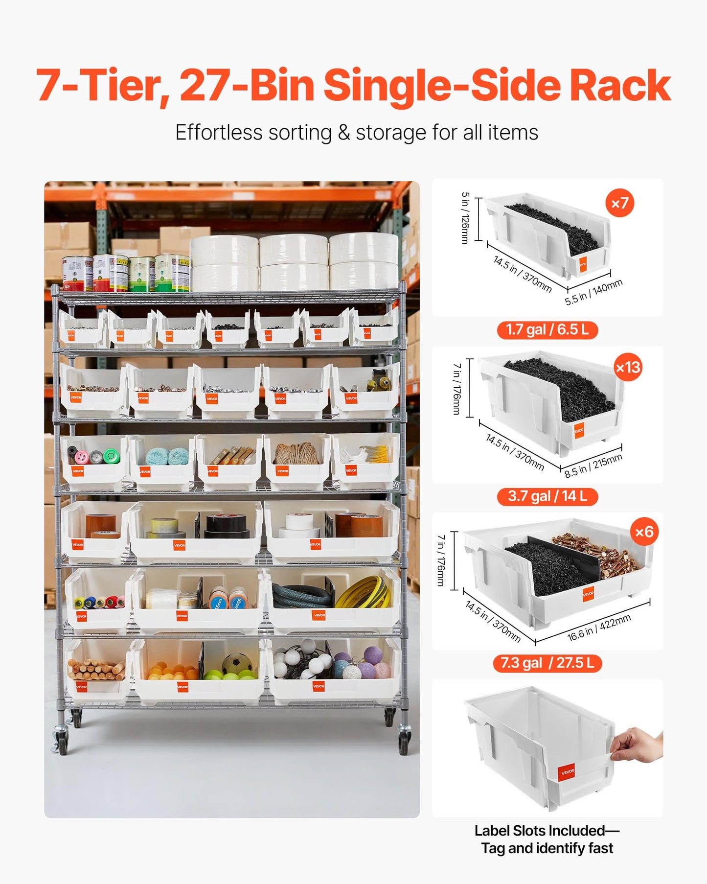 VEVOR 7-Tier Rolling Bin Storage Rack, 26 Organizer Bins, Bin Rack Storage Steel Wire Shelving System with Wheels, Mobile Tool Organizer for Garage, Warehouse, Office, Restaurant, Kitchen, Classroom
