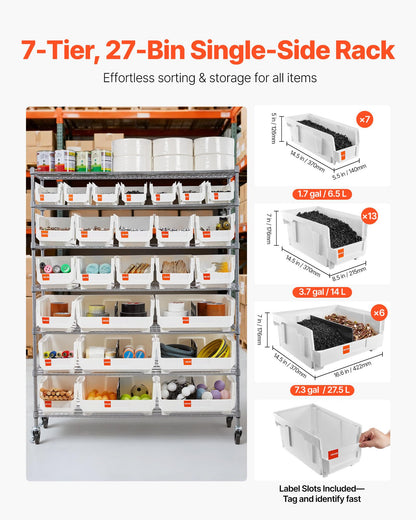 VEVOR 7-Tier Rolling Bin Storage Rack, 26 Organizer Bins, Bin Rack Storage Steel Wire Shelving System with Wheels, Mobile Tool Organizer for Garage, Warehouse, Office, Restaurant, Kitchen, Classroom