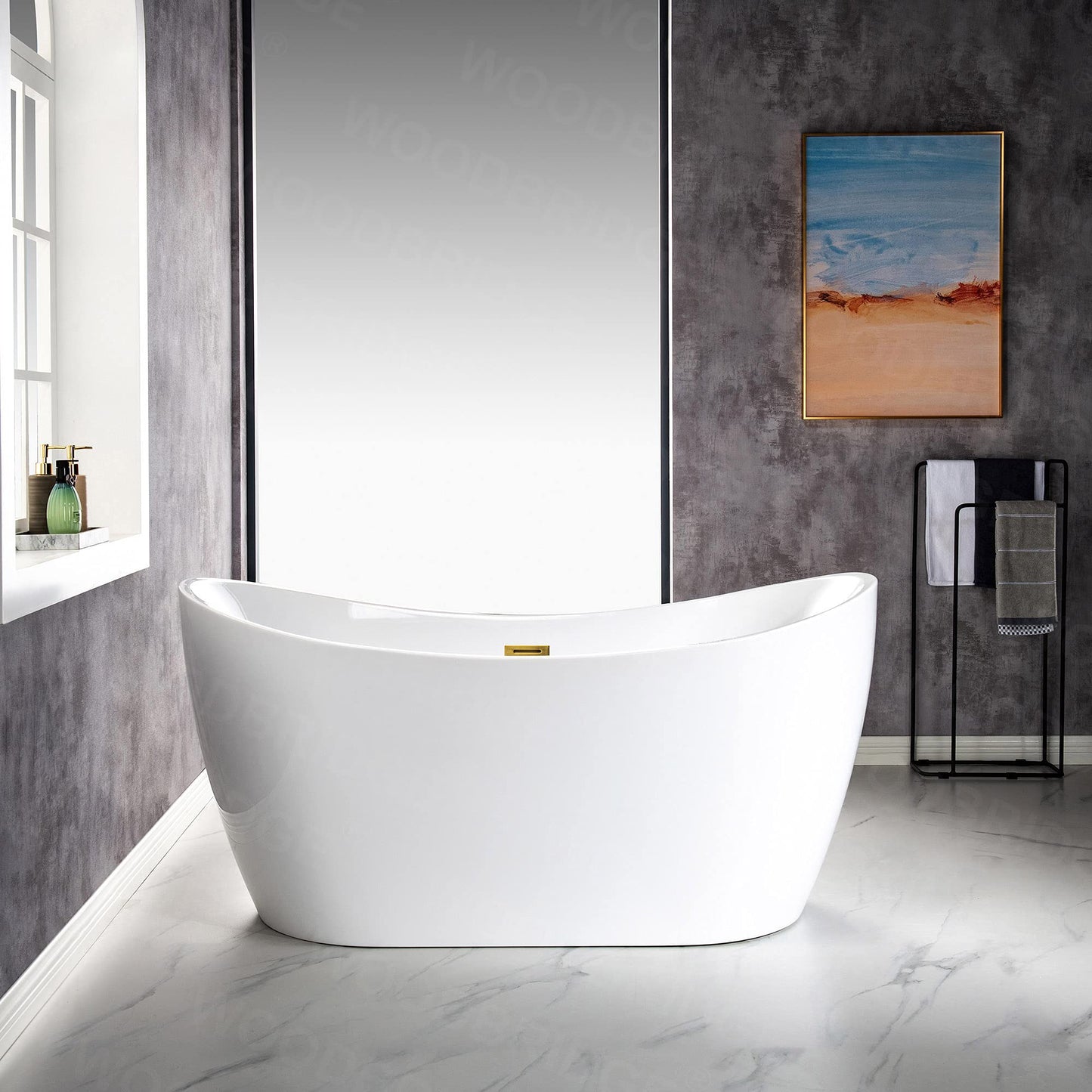WOODBRIDGE 59" Acrylic Freestanding Bathtub Contemporary Soaking White Tub with Brushed Gold Overflow and Drain,BTA1516 BG
