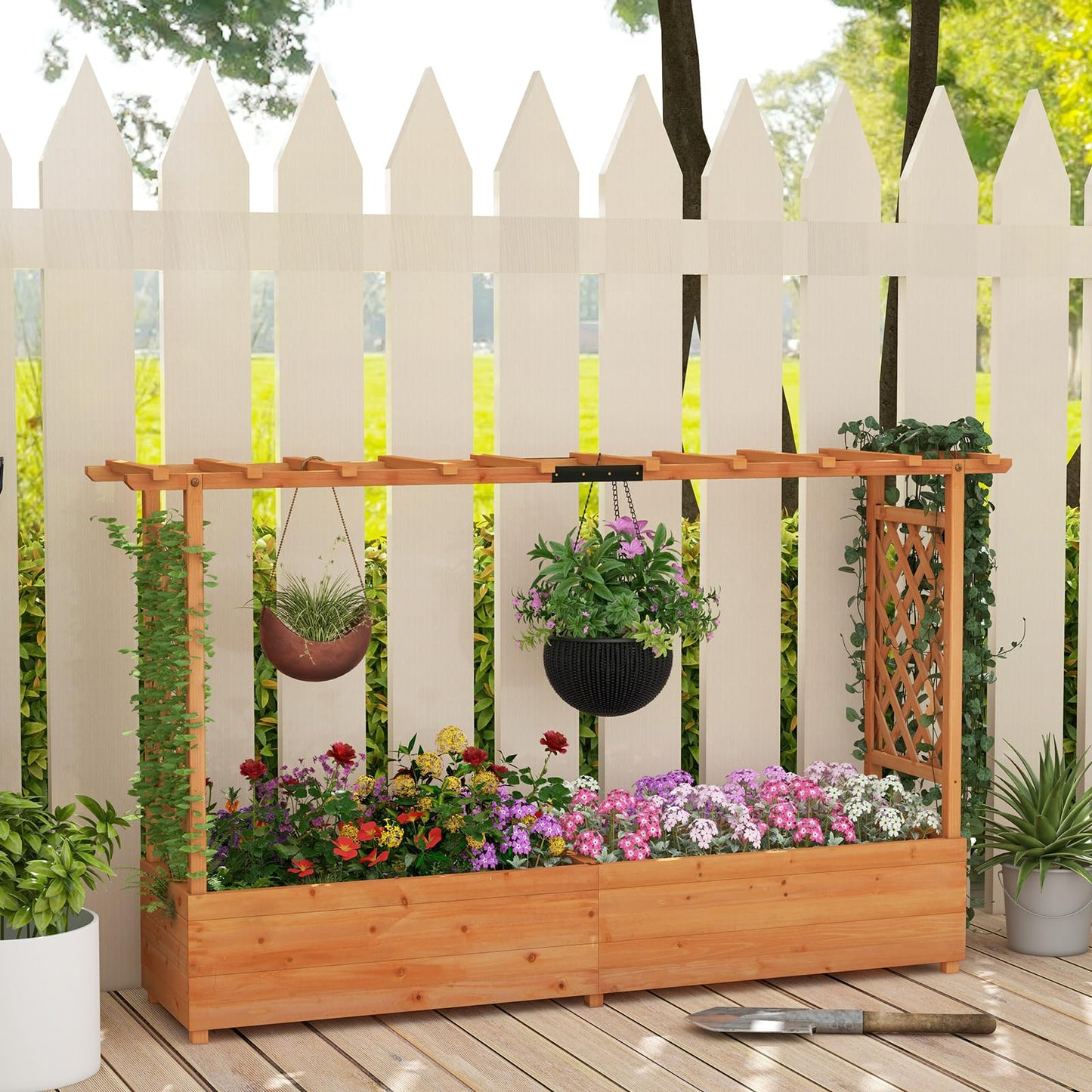 S AFSTAR 45-Inch Raised Garden Bed with Arch Trellis, Hanging Roof, Planter Box, Drainage Holes, Vertical Plant Container for Vine Climbing Plant Flower, Flower Bed Wood Planter for Indoor & Outdoor