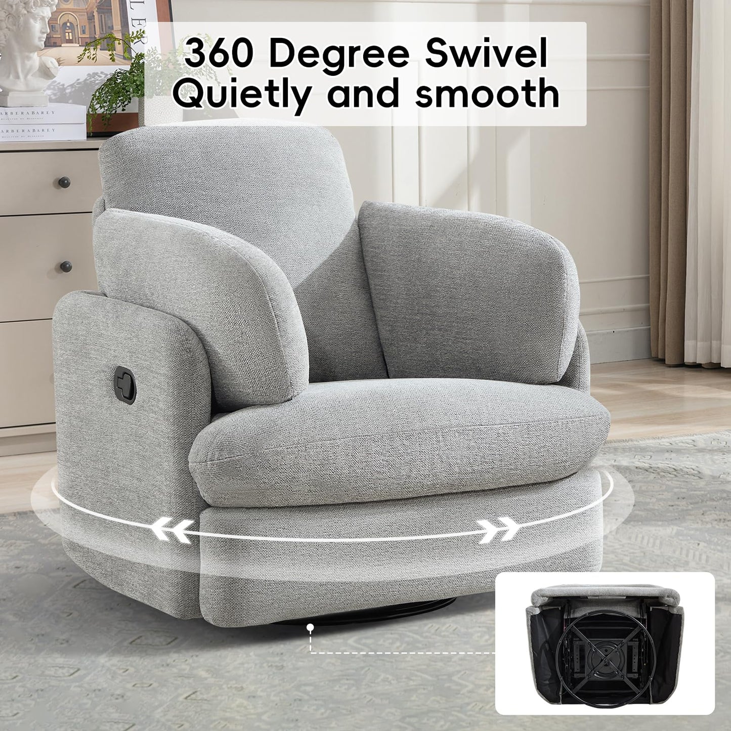 Bonzy Home Manual Recliner Chair, 360°Swivel Rocker Recliner Chair for Adults, Overstuffed Nursery Rocking Reclining Sofa with 2 Pillows and Hidden Storage, Light Grey
