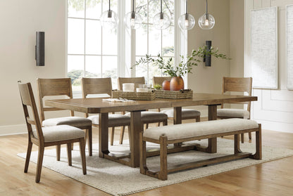 Signature Design by Ashley Cabalynn Farmhouse Upholstered Dining Bench, Foam Cushion, Hardwood Solids, 63.5" W x 16.5" D x 19.75" H, Beige & Light Brown