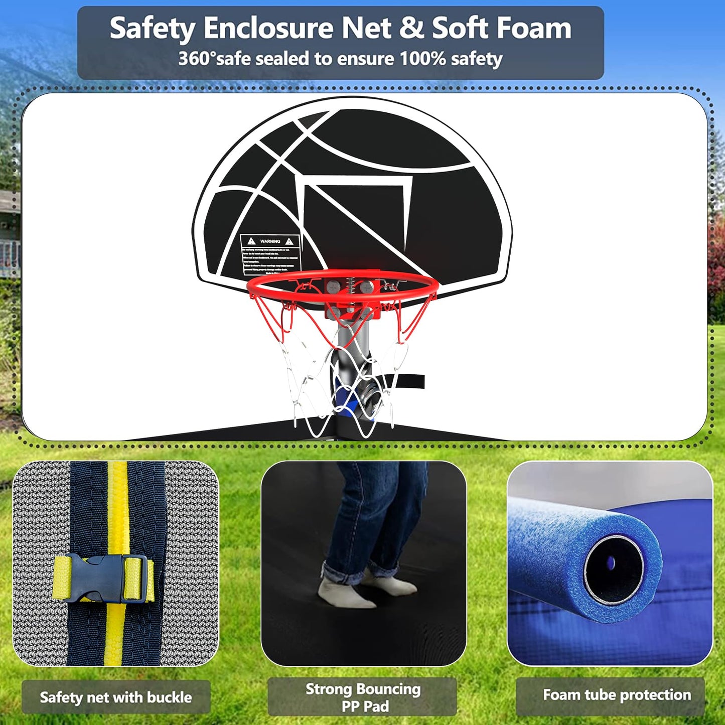 Lyromix Upgraded 8FT Trampoline for Kids and Adults, Large Outdoor Trampoline with Basketball,Stakes, Light, Sprinkler,Basketball Hoop and Net, Capacity for 3-5 Kids and Adults, Royal Blue