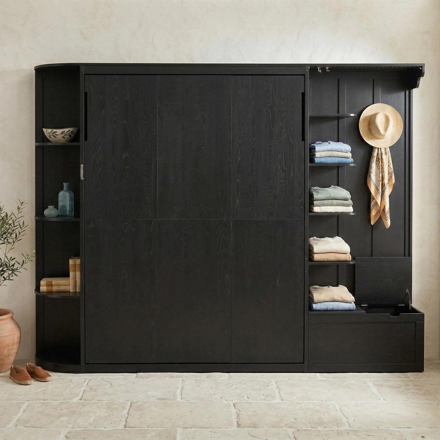 Merax Queen Size Murphy Bed with Storage and Lights, Hidden Fold-Out Legs, Foldable Murphy Cabinet Bed with Hook, Built-in Shelves & Cabinets, Wood Space-Saving Wall Bed for Guest Room Office, Black