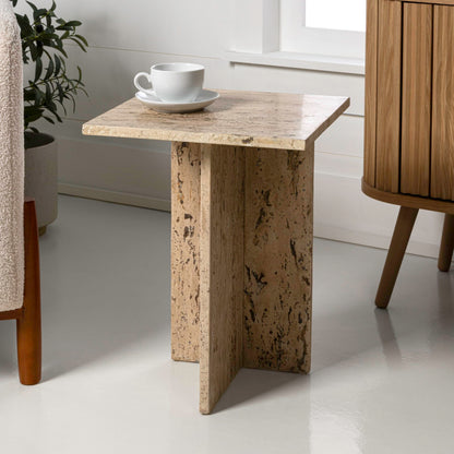 JONATHAN Y Cecil Modern 18.5" Square Natural Marble End Table with Cross Base, Glossy Travertine Solid Stone Accent Side Table for Living Room, Bedroom, Small Spaces, Fully Assembled MTB1104B