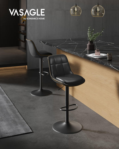 VASAGLE Bar Stools, Set of 4 Swivel Bar Chairs, Adjustable Height, Quilt, Synthetic Leather Kitchen Stools with Back and Footrest, Dining Room, Counter, Steel, Ink Black ULJB095BH01-2J
