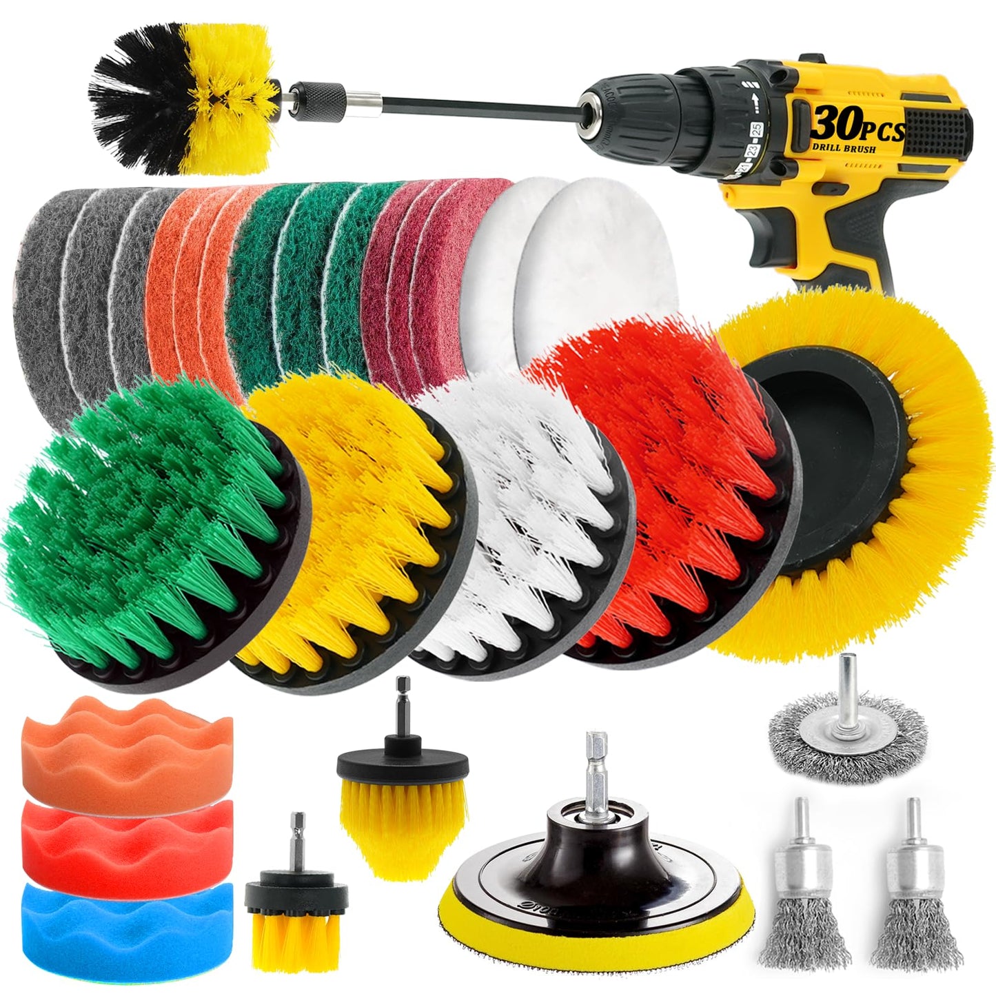 ETOUPA 30 Piece Drill Brush Attachments Set, Scrub Pads & Sponge & Wire Brush for Drill, Power Scrubber Brush with Extend Long Attachment, Drill Scrubber Brush Kit for Bathroom, Floor, Car, Grout