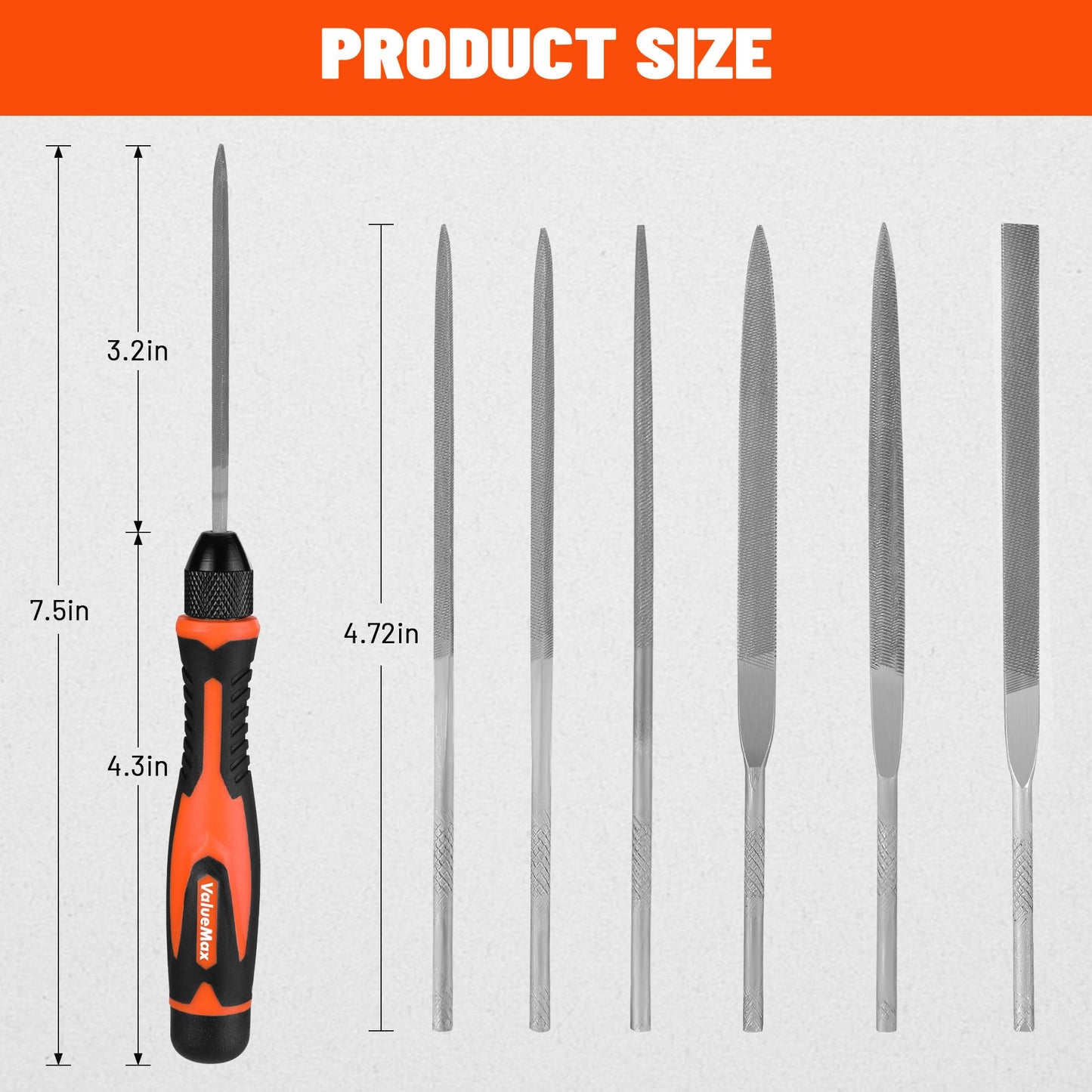 ValueMax 7PCS Interchangeable Needle File Set, Small File Set Includes Flat, Flat Warding, Round, Half-Round, Square, Triangular File and A Handle, Suitable for Shaping Metal, Wood, Jewelry, Plastic