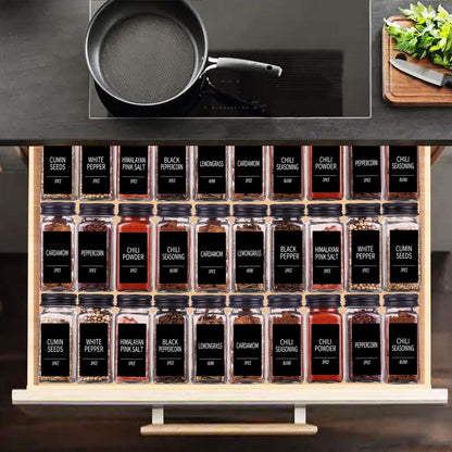 Churboro 66 Spice Jars with 547 Labels- Glass Spice Jars with Black Metal Caps, 4oz Empty Spice Containers with Shaker Lids, Funnel, Chalk Pen, Square Seasoning Bottles for Spice Rack, Drawer, Cabinet
