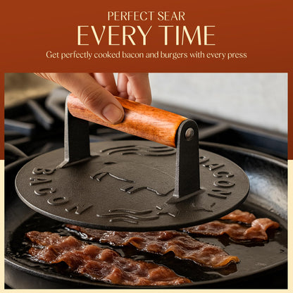 Heavy-Duty Cast Iron Burger Press 8.5 Inch Round Burger Smasher, Grill Press for Cooking Burgers, Bacon, Sandwiches, Steak, Ground Beef, Meats, Sausages, and So On