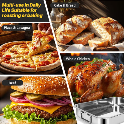 15.5" Stainless Steel Roasting Pans with Handles, Baking Pan for Oven with 2 Racks, Heavy Duty, Dishwasher Safe Rectangular Lasagna Pan with Handles for Turkey Chicken, Silver