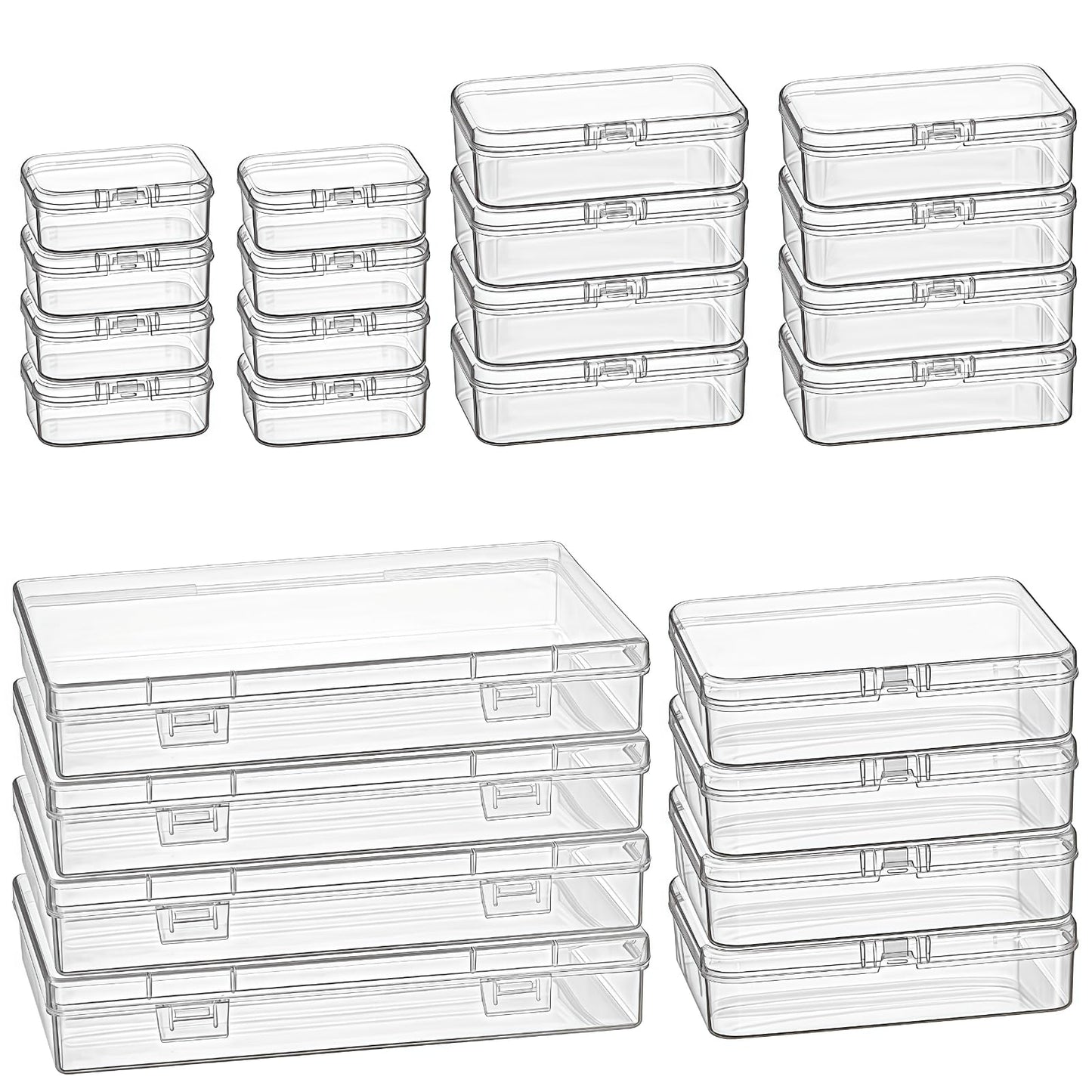 Goodma 24 Pieces Mixed Sizes Rectangular Empty Mini Clear Plastic Organizer Storage Box Containers with Hinged Lids for Small Items and Other Craft Projects