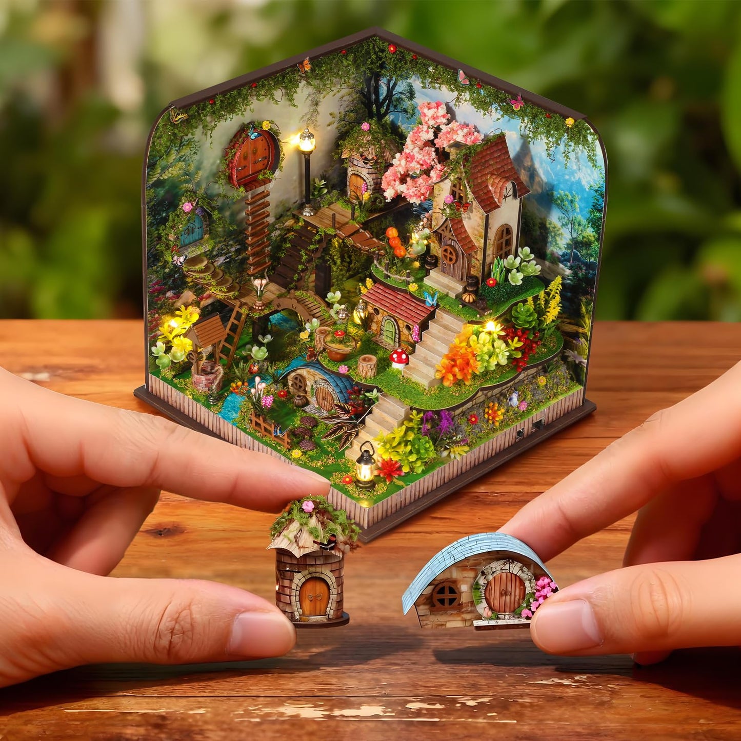 DIY Miniature House Kit, Forest Book Nook Kit with Music, 3D Wooden Puzzles for Adults, Dollhouse Kit with LED Light, Mini Building Kit, Craft Kit for Adults Teen to Build (Forest Garden)