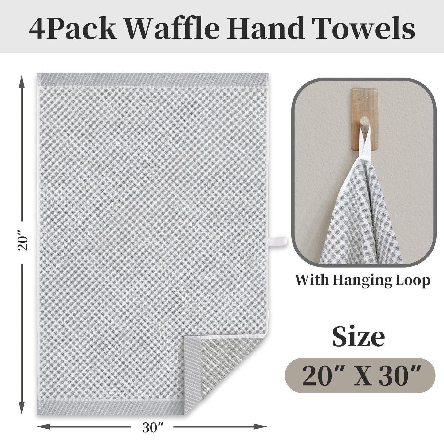 VOOVA & MOVAS 100% Cotton Waffle Large Hand Towels 4PC – Luxury Hand Towels with Hanging Loop 20"x30" | Soft | Absorb | Quick Dry | Lightweight, Durable Bathroom Essentials, White and Gray Waffle