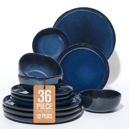 Pokini Extra Large Dinnerware Set for 12, 36 Pieces Ceramic Plates and Bowls Set, Kitchen Dish Set, Microwave & Dishwasher Safe Dishware, Ocean-Inspired Stoneware for Big Gatherings, Starry Blue