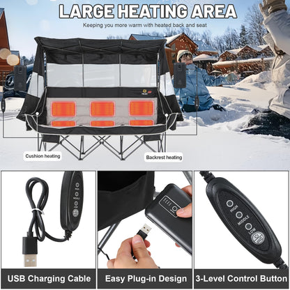 Nice C Heated 3 Seat Camping Chair with Canopy, Heated Double Folding Couch Loveseat Bench With Battery, Portable Oversized Padded Sports Umbrella Chair With Shade, Cup Holder, For Adults Outdoor Lawn