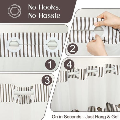 ASPMIZ Farmhouse Shower Curtain and Liner Set, No Hook Shower Curtain with Snap in Liner Fabric, Rustic Washable Waterproof Bathroom Curtains with Button, Mesh Top Window, Brown Striped, 71"x 74"
