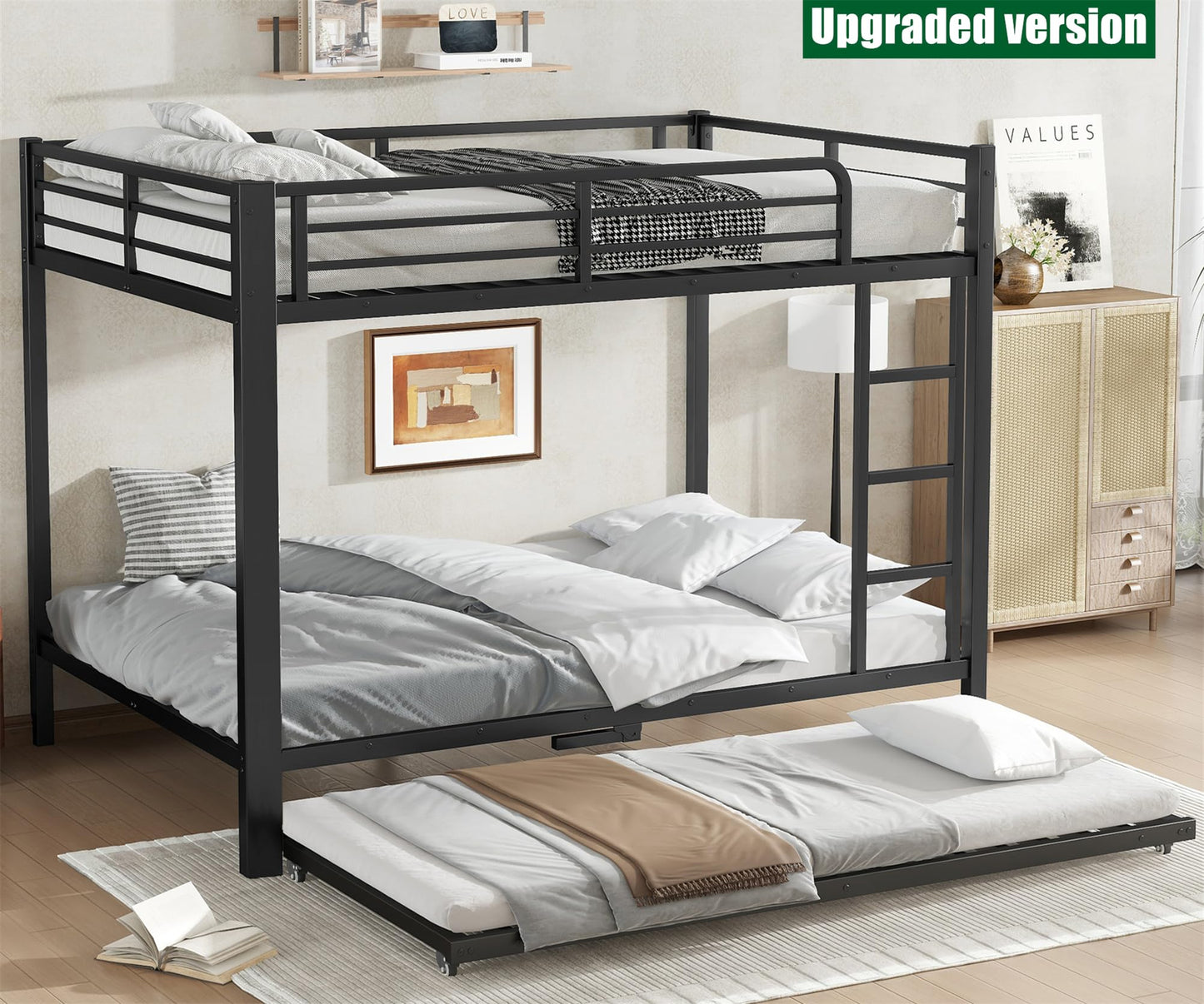 LUCALEO Latest Upgraded & Stronger Thickened Metal Full Over Full Bunk Bed with Twin Trundle, Heavy Duty Safer More Stable Steel Bunkbeds (Greater Weight Capacity) (Full Over Full with Twin Trundle)