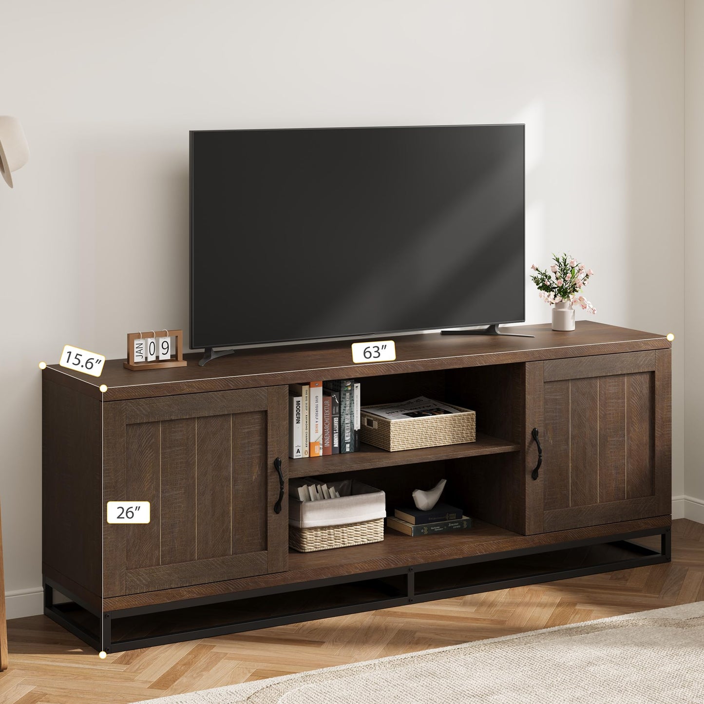 Garvee Farmhouse TV Stand for Living Room, Entertainment Center with 2-Tier Adjustable Shelves & Metal Leg, Wooden TV & Media Console Table for 75 Inch with Storage Compartments, Walnut