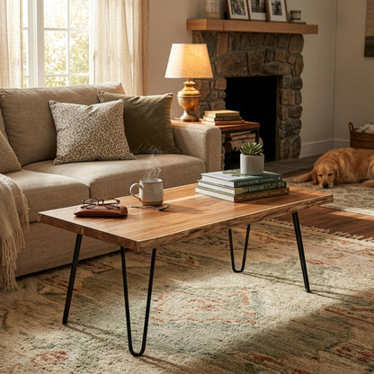 Alaterre Furniture Live Edge Wood Coffee Table with Hairpin Metal Legs – Rustic Modern Farmhouse Living Room Table with Acacia Wood Top (48 Inch)