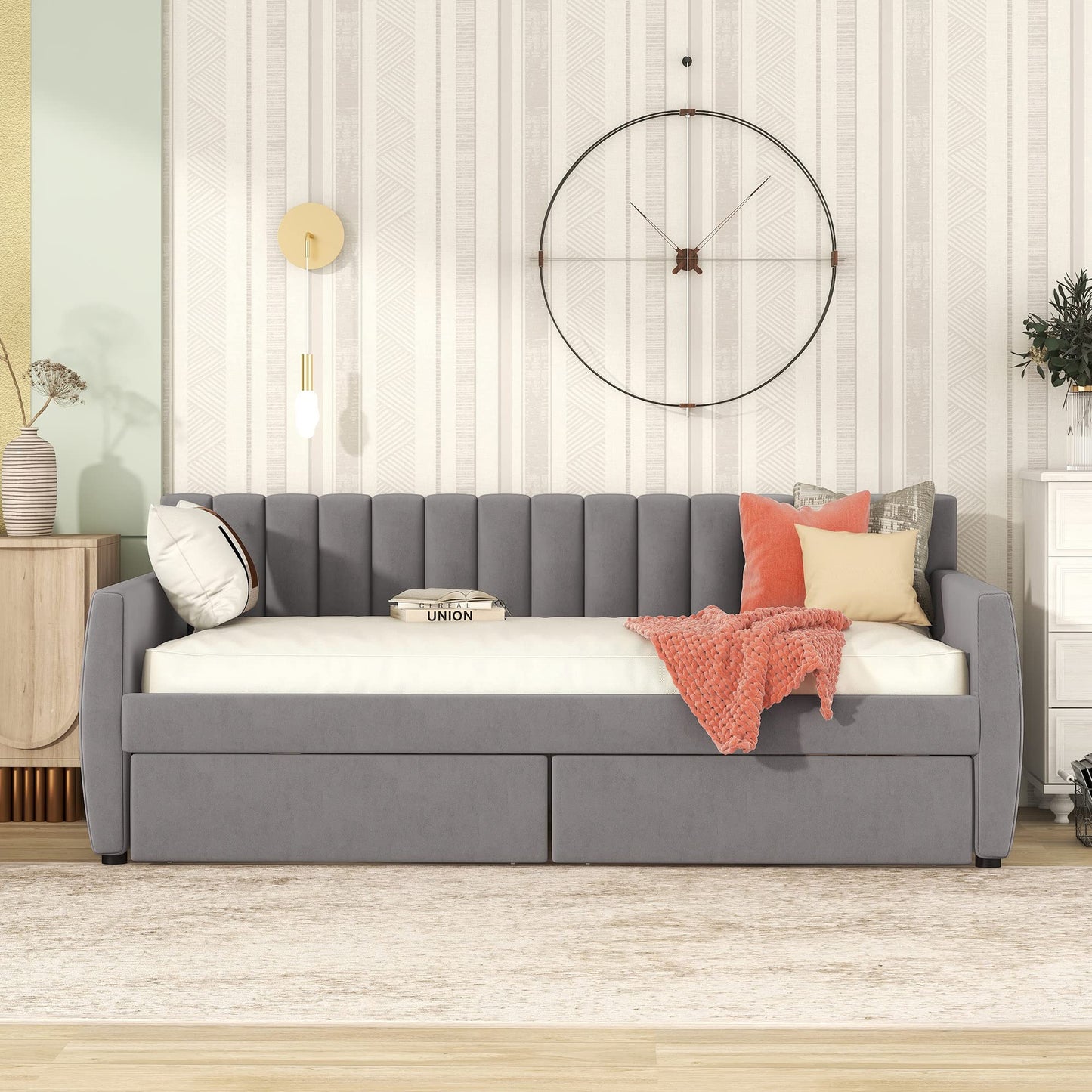Merax Upholstered Daybed with 2 Drawers, Twin Size Bed Frame with Storage and Wood Slat Support, Gray