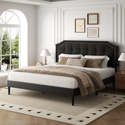 HAOARA King Size Bed Frame, King Size Platform Bed Frame with Upholstered Button Tufted Headboard, Strong Wood Slats, No Box Spring Needed, Mattress Foundation, Easy Assembly Black