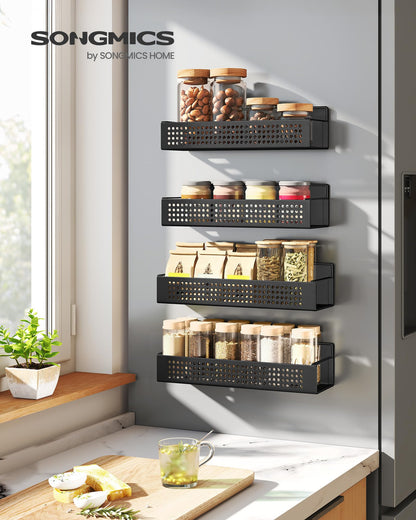 SONGMICS Strong Magnetic Spice Rack for Refrigerator, Set of 4, 2 Large and 2 Small Kichen Magnetic Shelves for Microwave, Washing Machine, Spice Organizers, No Drilling Needed, Ink Black UKCS061B01