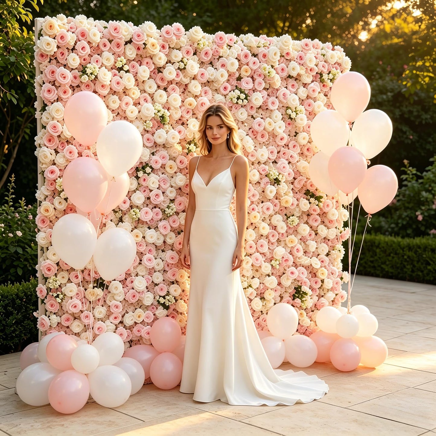 5D Artificial Silk Rose Flower Wall Backdrop, Pink and White Floral Wall, 8×8 Ft, Easy to Install and Store, Reusable, Perfect for Weddings, Birthday Parties, Garden and Home Decor, Without Stand