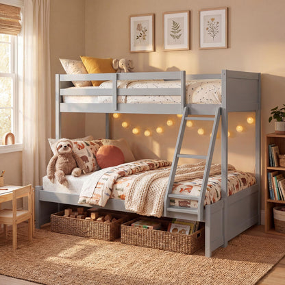 KOMFOTT Twin Over Full Bunk Bed, Pine Bed Frame with 3-Step Ladder, Full-Length Guardrails & 21 Wooden Support Slats, Solid Wood Bunk Bed for Teens, Kids, Adults, Dorms and Apartments (Grey)