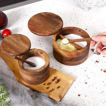 RAETTER.LY Acacia Wood Salt and Pepper Bowl, Nature Wood Salt Cellar and Spices Storage Box With Built-in Spoon and Magnetic Swivel Lid (Two Compartments 12 oz)