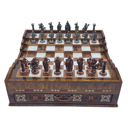 Luxury Handmade Wooden Chess Set with Metal Pieces – Large Walnut & Rosewood Chess Board with Storage Drawers – British Style Chess Pieces for Father’s Day, Birthday, or Christmas