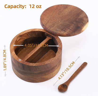 RAETTER.LY Acacia Wood Salt and Pepper Bowl, Nature Wood Salt Cellar and Spices Storage Box With Built-in Spoon and Magnetic Swivel Lid (Two Compartments 12 oz)