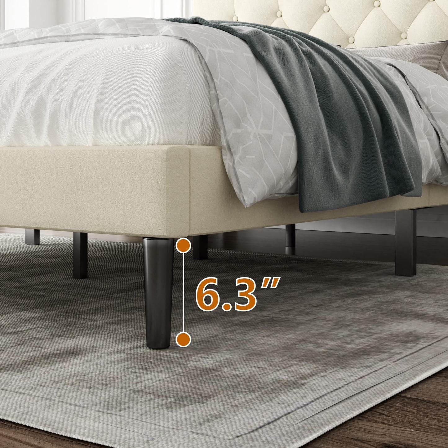 CXVX King Size Bed Frame with Upholstered Headboard, Button Tufted Design, Strong Wooden Slats, No Box Spring Needed, Easy Assembly, Noise Free